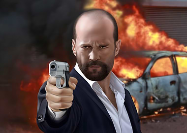 Man with Gun in Front of Fire Jason Statham