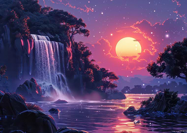 Waterfall by Sunset Nature