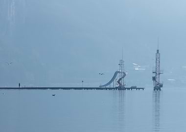 Water Slide on a Misty Lake