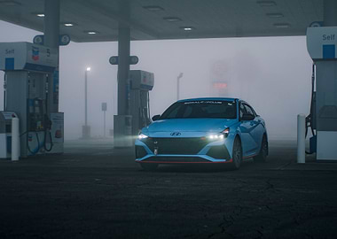 Blue Hyundai at Gas Station