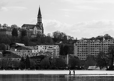 Black and White Cityscape with Church