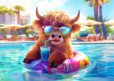 Highland Cow Poolside