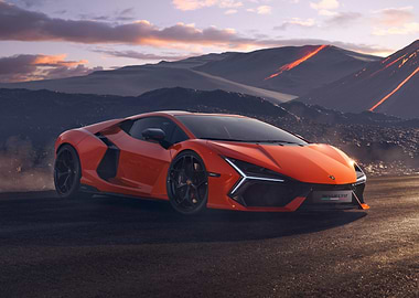 Orange Lamborghini on Volcanic Landscape