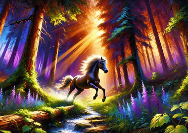 Horse Running Through Forest