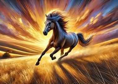 Horse Running Through Sunset