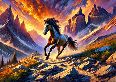Horse Running Through Mountains