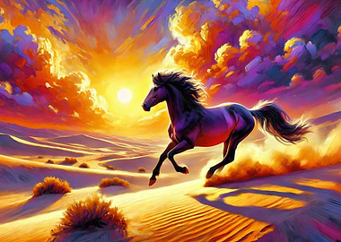 Horse Running in Desert Sunset