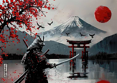 Samurai and Mount Fuji red sun
