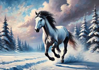 White Horse Running in Winter