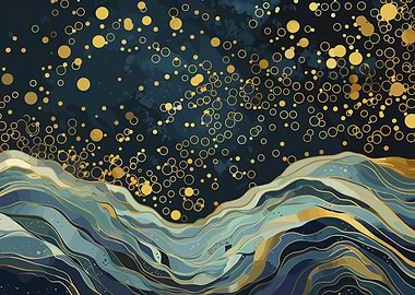 Abstract Blue Ocean with Gold Bubbles