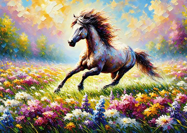 White Horse in a Field of Flowers