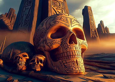 Ornate Skull and Ancient Ruins