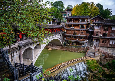 Ancient Chinese Bridge and River