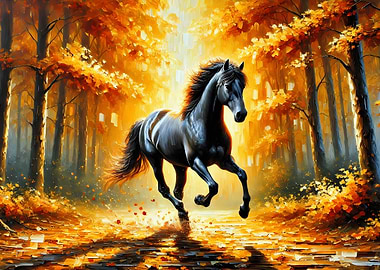 Black Horse in Autumn Forest