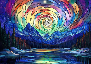 Stained Glass Mountain Sky