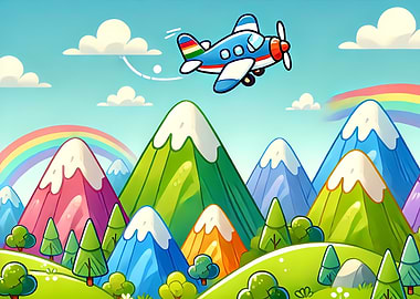 Cartoon Airplane Over Mountains