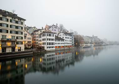 Foggy Riverfront Cityscape