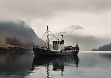 Lonely Boat in Misty Fjord