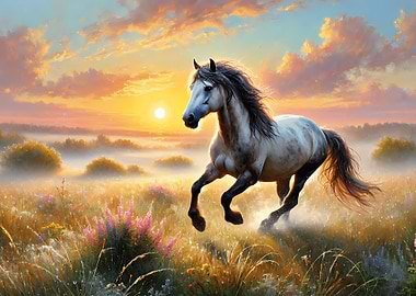White Horse Running at Sunset