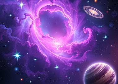Purple Nebula with Stars and Planets