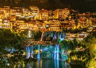 Waterfall Town at Night