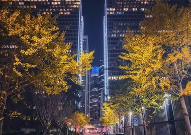 Cityscape with Golden Trees