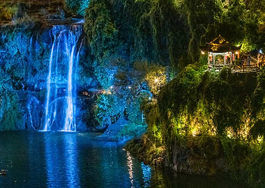 Night Waterfall and Pavilion