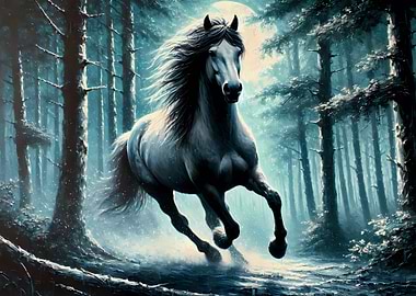 White Horse in Moonlight Forest