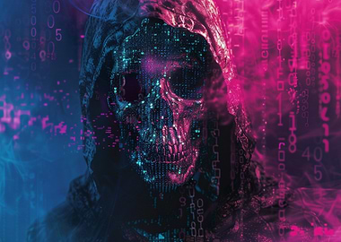 Skeleton hacker in a binary background