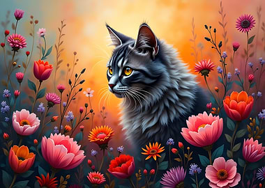 Maine coon cat in a flower garden