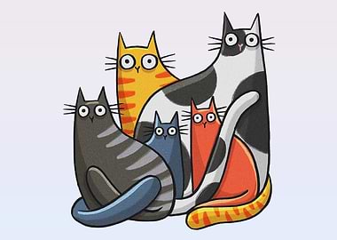 Five Cats Cartoon Illustration