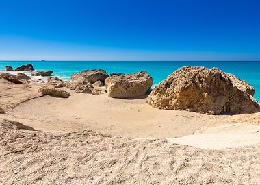 Sandy Beach with Rocks, Lefkada, Greek Island