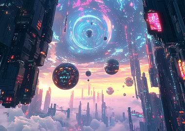 Futuristic Cityscape with Orbs
