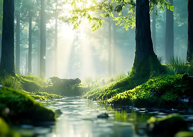 Sunlit Green Moss Forest Stream