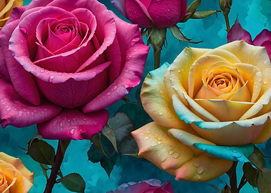 Colorful Roses with Dewdrops