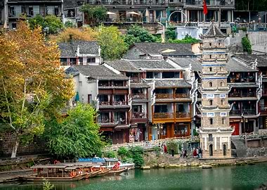 Chinese Pagoda by River