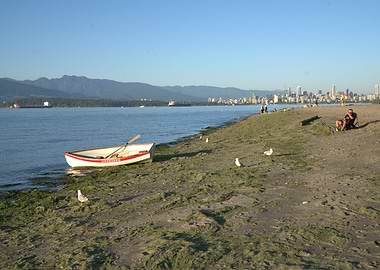 Beach with Boat and City Skyline
