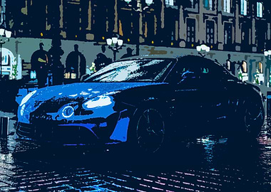 Alpine A110 in Paris at Night in the rain