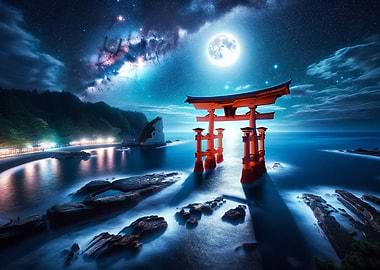 Japanese Torii Gate at Night