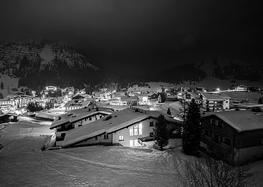 Snowy Mountain Village at Night