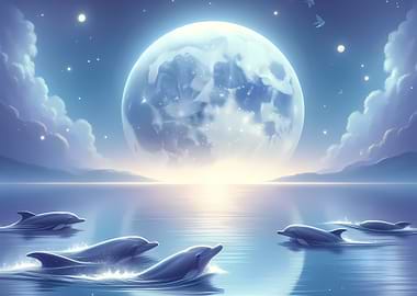 Dolphins Under a Giant Moon