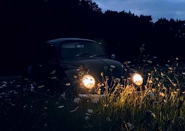 Vintage Car in Field at Night