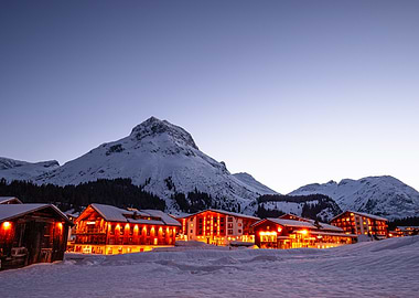 Snowy Mountain Village at Dusk