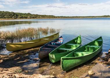 Colorful Canoes by the Lake