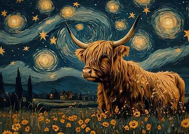 Highland Cow Starry Night
