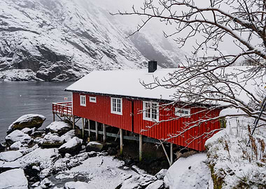 Red Cabin in Snowy Landscape