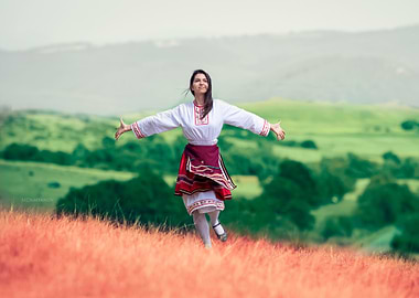 Woman in Traditional Bulgarian Dress Bulgarian Flag