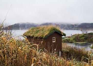 Grass-Roofed Cabin by the Lake in Norway