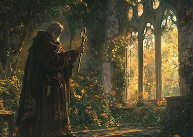 Old Priest with Cross in Ruins