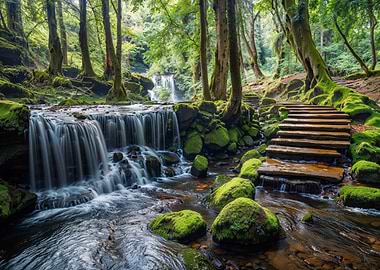 Forest Waterfall and Stone Path
